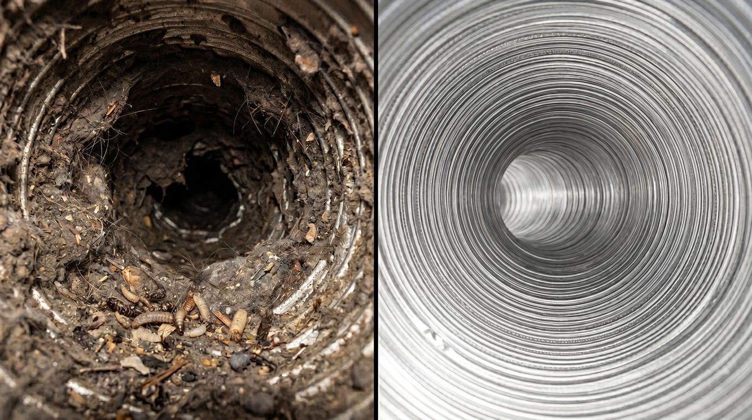 A round air duct packed with dust and debris, then clean after a professional deep cleaning