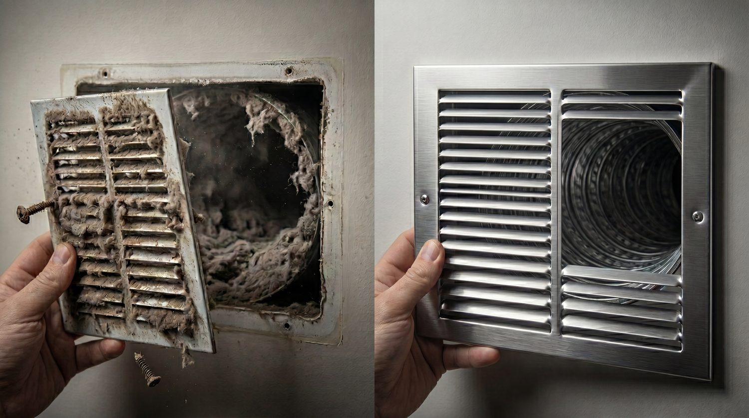 A wall vent and duct clogged with dust, then clean after a professional deep cleaning